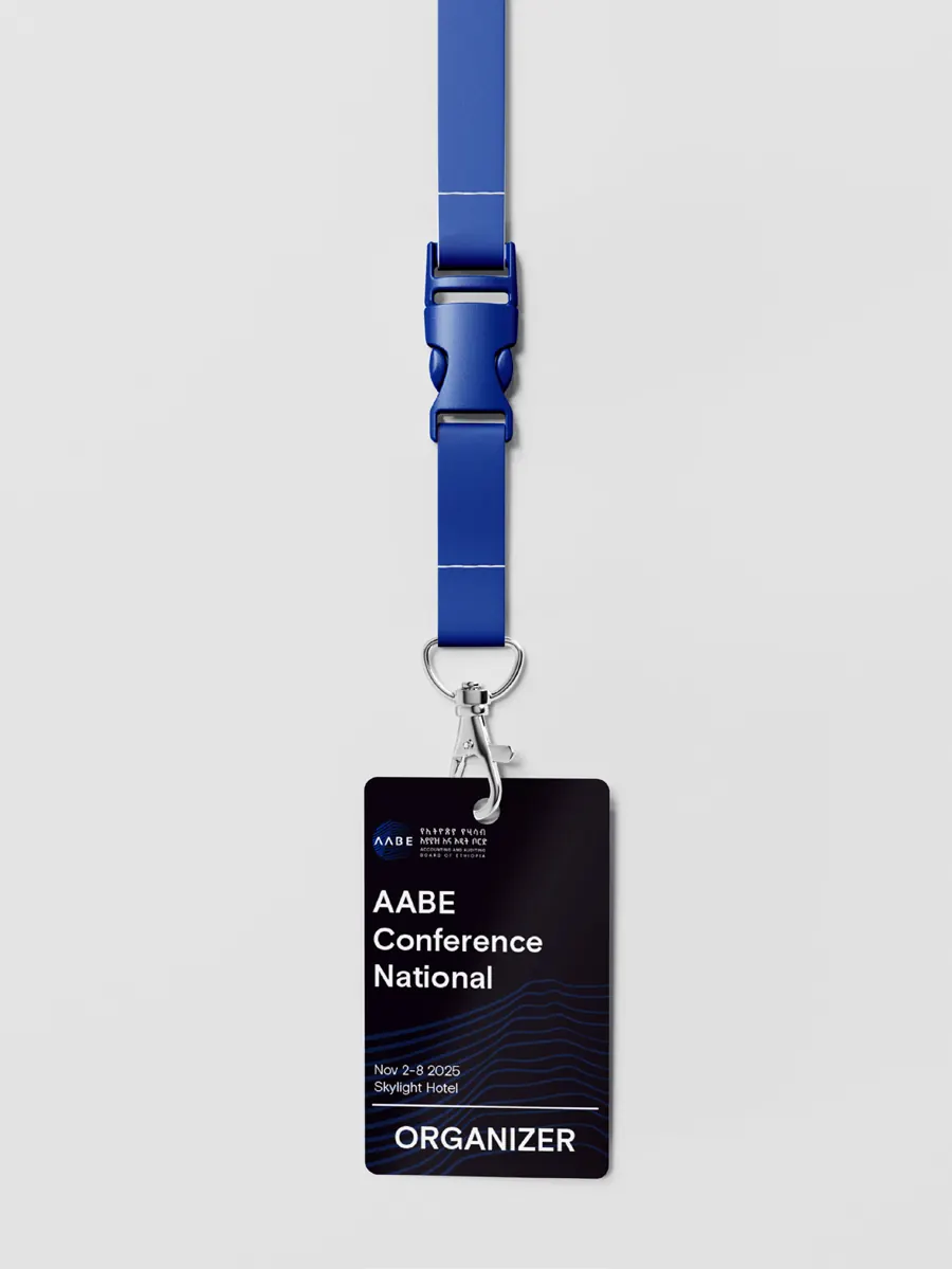 Black AABE event badge marked Organizer, on a blue lanyard.