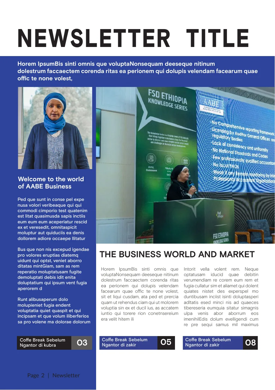 Newsletter template inside page: a blue column with a portrait, a large photograph of a speaker at a conference, and article columns.