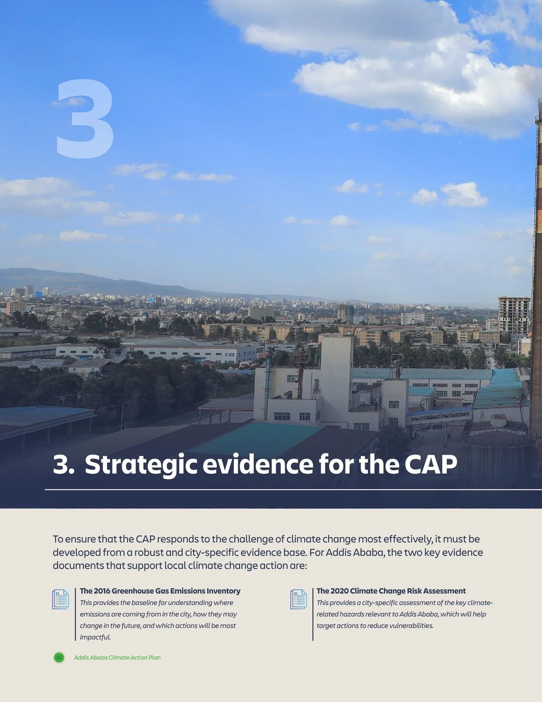 Plan page: chapter 3 opener, Strategic evidence for the CAP, with Addis Ababa skyline photography.