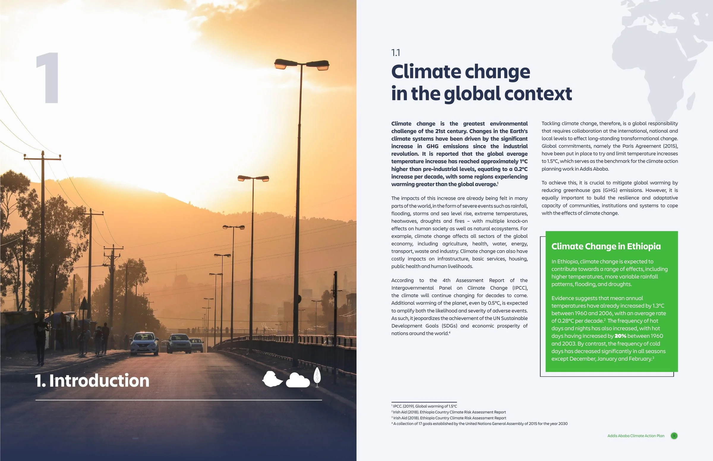 Spread: chapter 1 opener with an Addis Ababa street at sunset, and 1.1 Climate change in the global context.