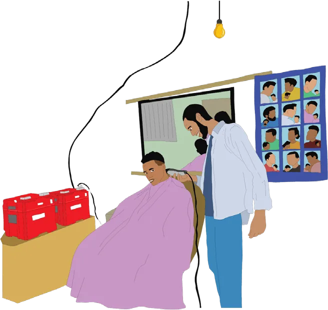 Illustration: a barber at work under an electric light.