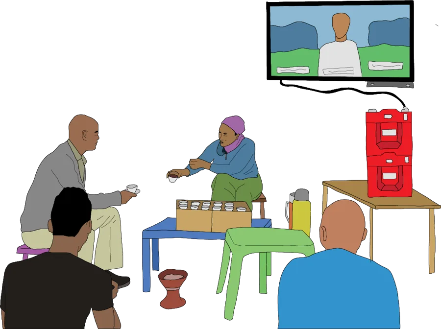 Illustration: customers in a café watching television.