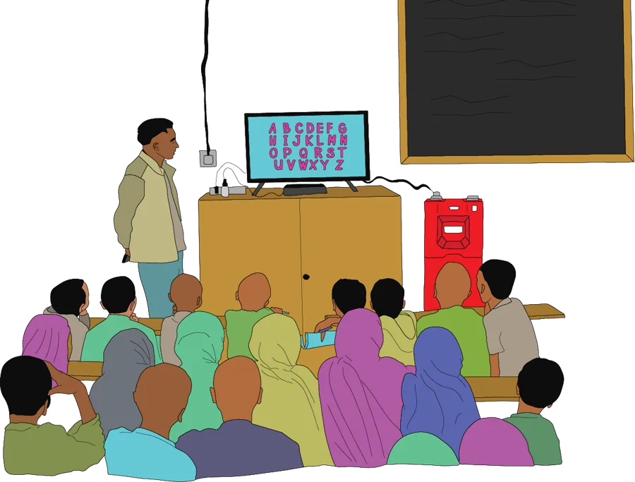 Illustration: a classroom with a screen and a Powerblox unit.