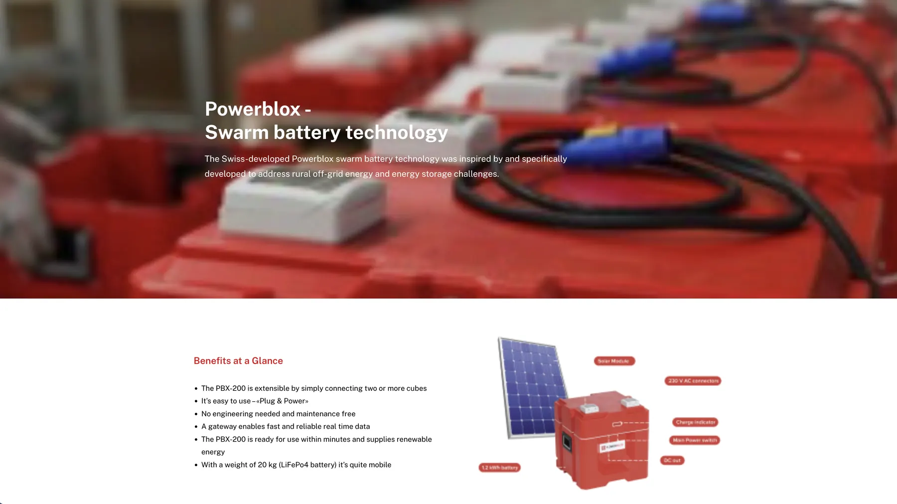 The Powerblox page: a close-up of Powerblox units as the header, then Benefits at a Glance beside a labelled diagram of the unit and solar module.
