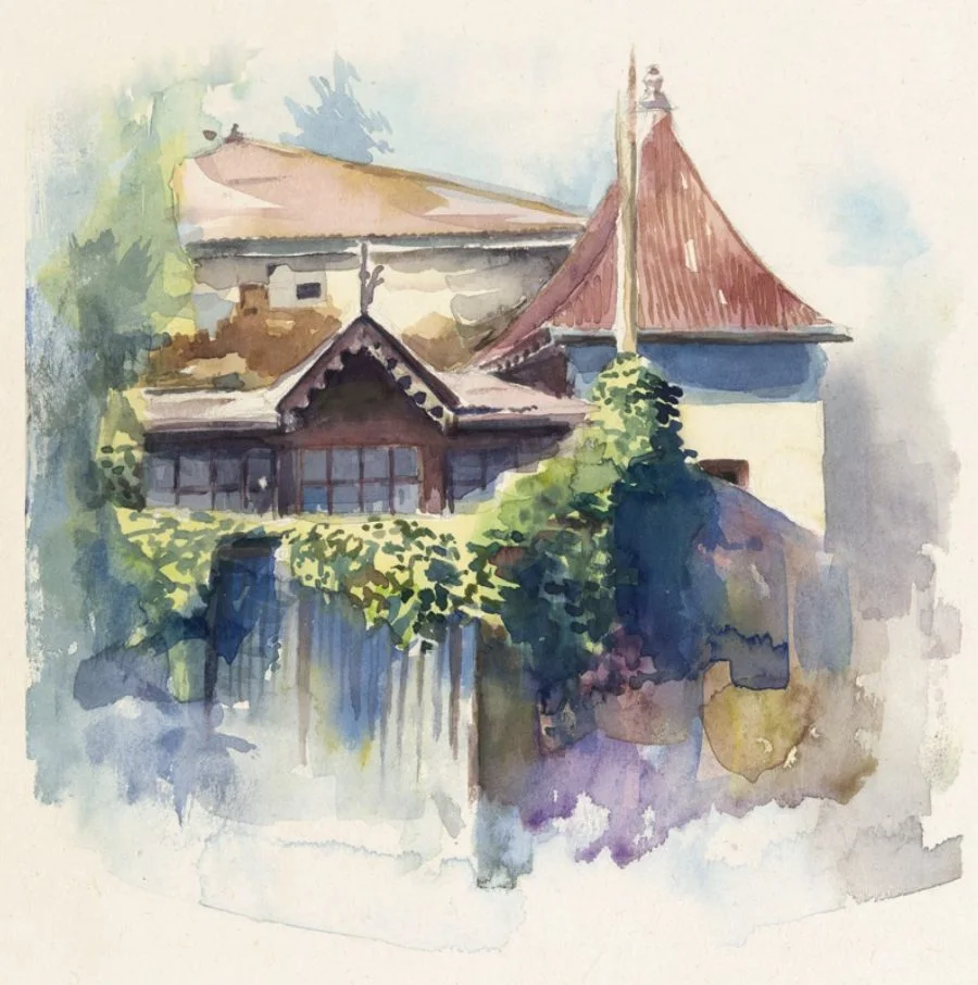 Watercolour of Fitawari Kelikile’s residence, a villa with a carved central veranda and a conical tower roof, half covered in climbing plants.
