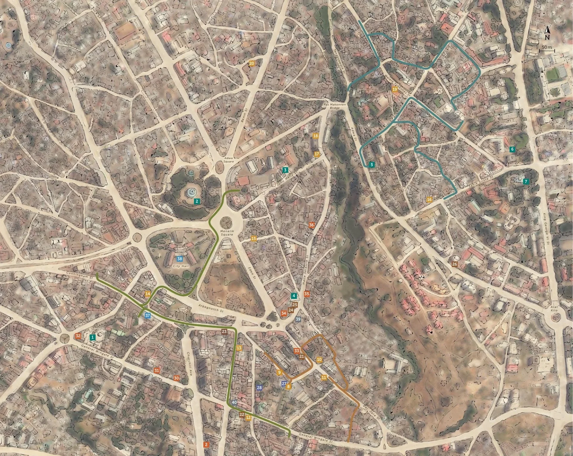 The Piazza CityMap: an illustrated aerial map of the neighbourhood with the three walking tours drawn in orange, green and teal.