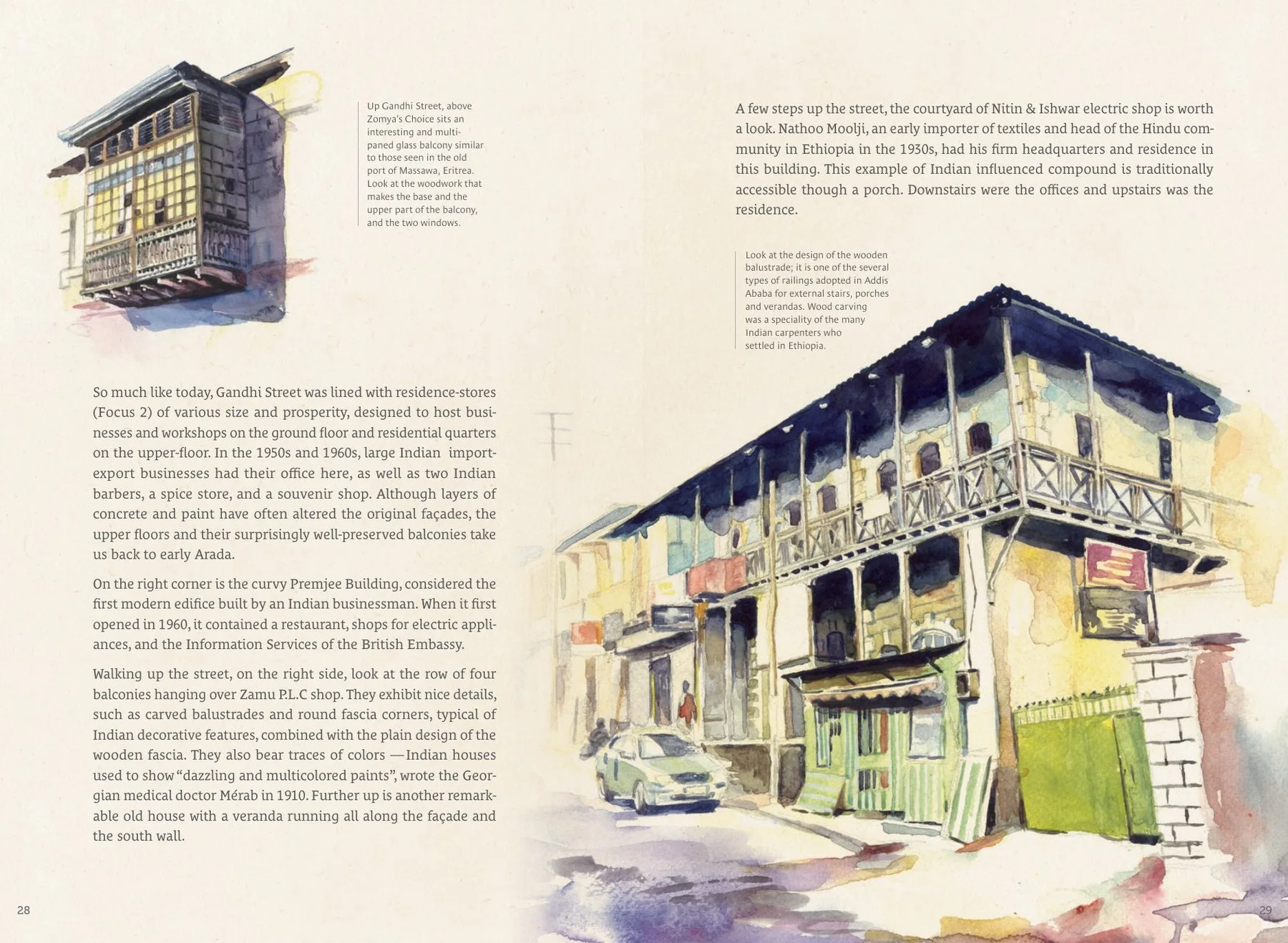 Spread: Gandhi Street, a tall watercolour façade with captions set in narrow side columns.
