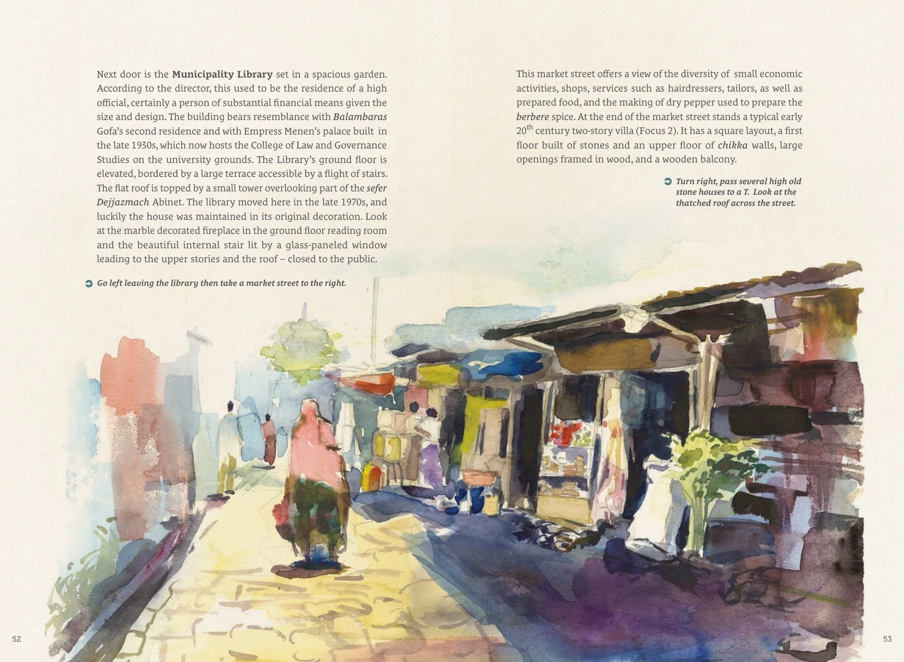 Spread: a market street in the Armenian Quarter, painted edge to edge in loose watercolour.