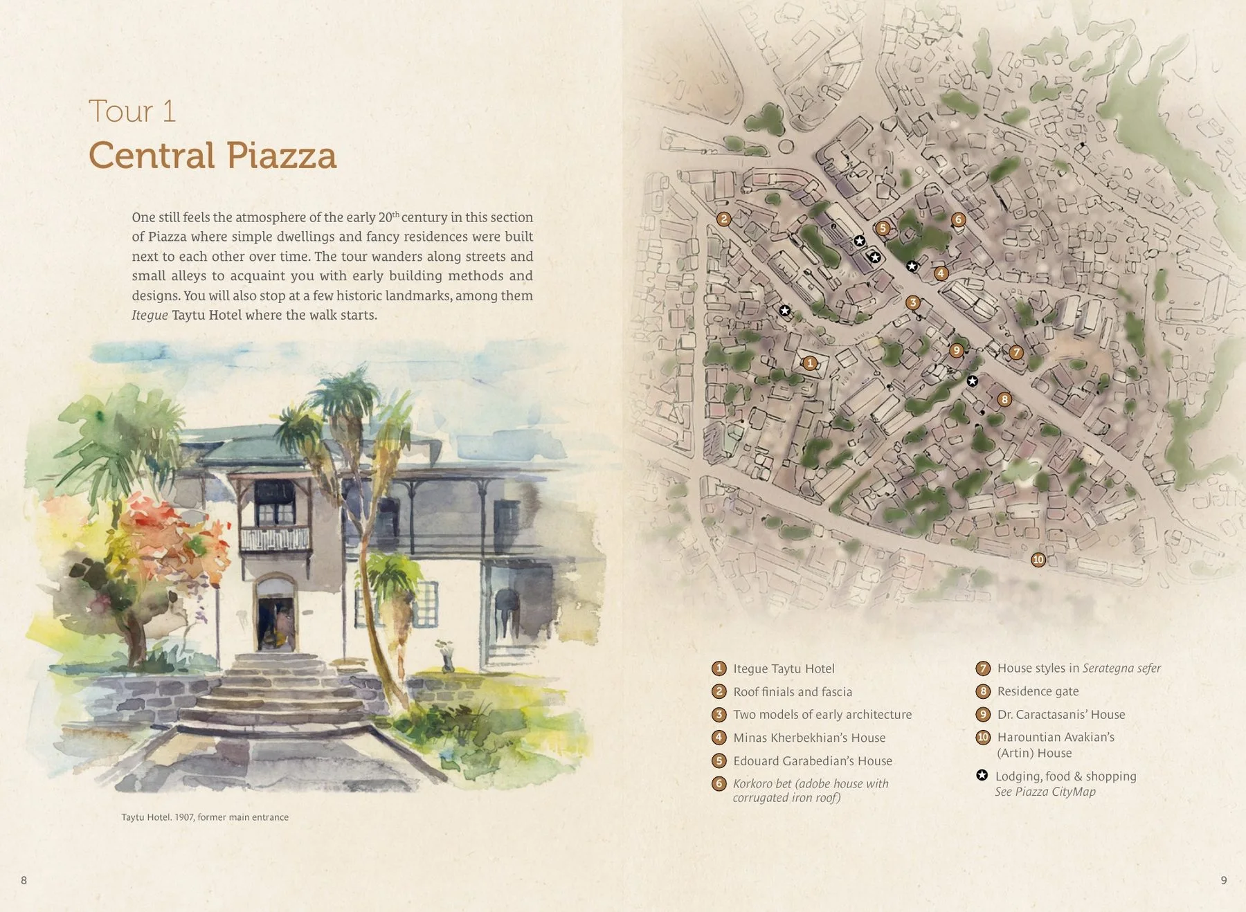 Spread: Tour 1, Central Piazza, with a watercolour of the Taytu Hotel and an illustrated map of the neighbourhood with ten numbered stops.