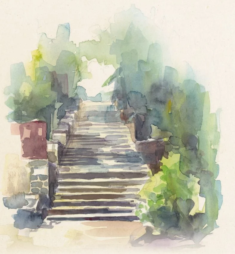 Watercolour of the Seba Dereja stone stairs climbing between trees.