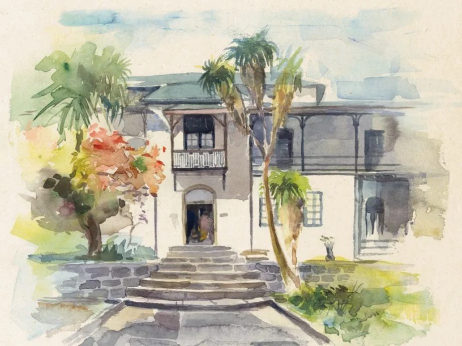 Watercolour of the Itegue Taytu Hotel entrance, 1907, with palms and stone steps.