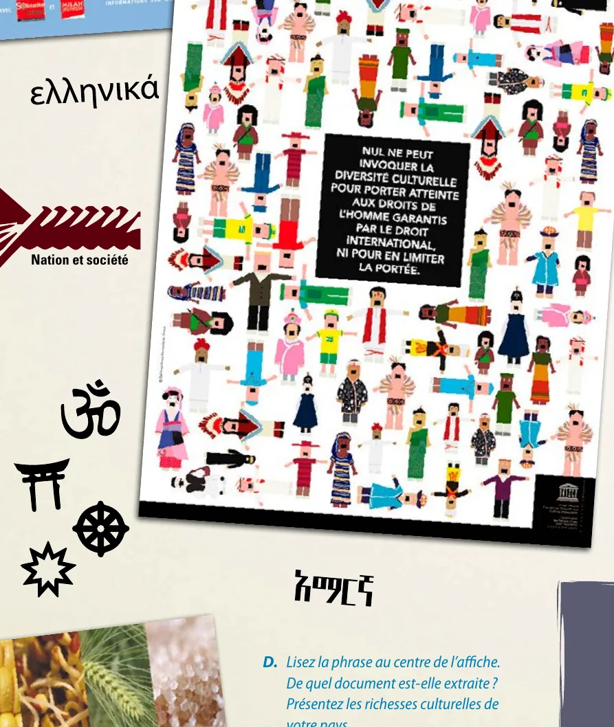 A B1 page collage of religious and cultural symbols and alphabets, used in a lesson on peacekeeping missions.