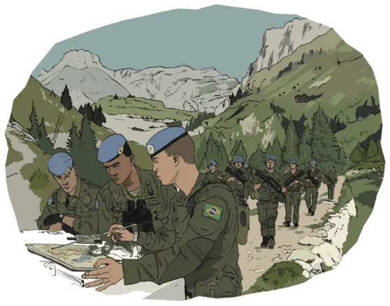 UN peacekeepers in blue berets study a map in a mountain valley while a patrol files past behind them.