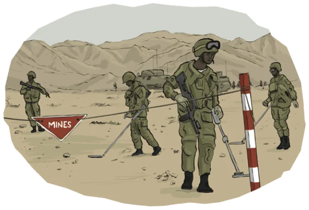 Three soldiers at the door of a barracks room, one pointing inside, another carrying a kit bag.