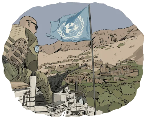 A soldier sits on an armoured vehicle under a United Nations flag, looking out over a valley town.