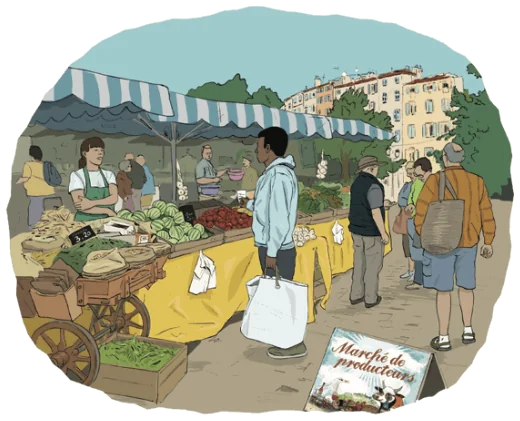 A busy producers’ market under striped awnings, with fruit and vegetable stalls and shoppers.