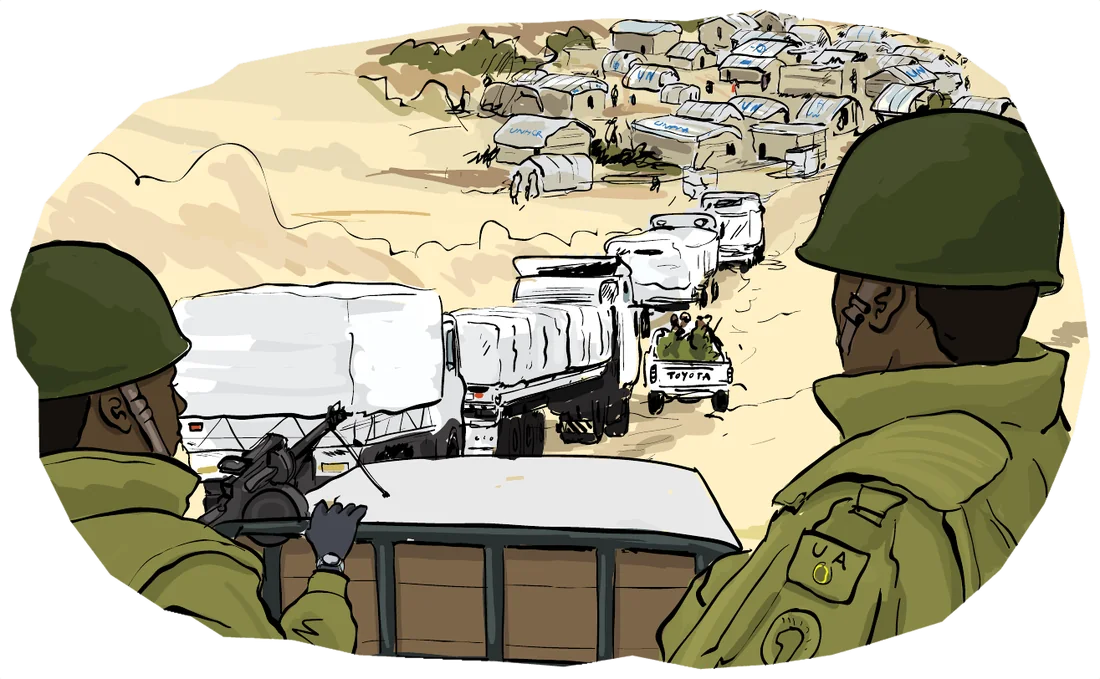 Soldiers watch from a vehicle as a convoy of trucks crosses a desert road.