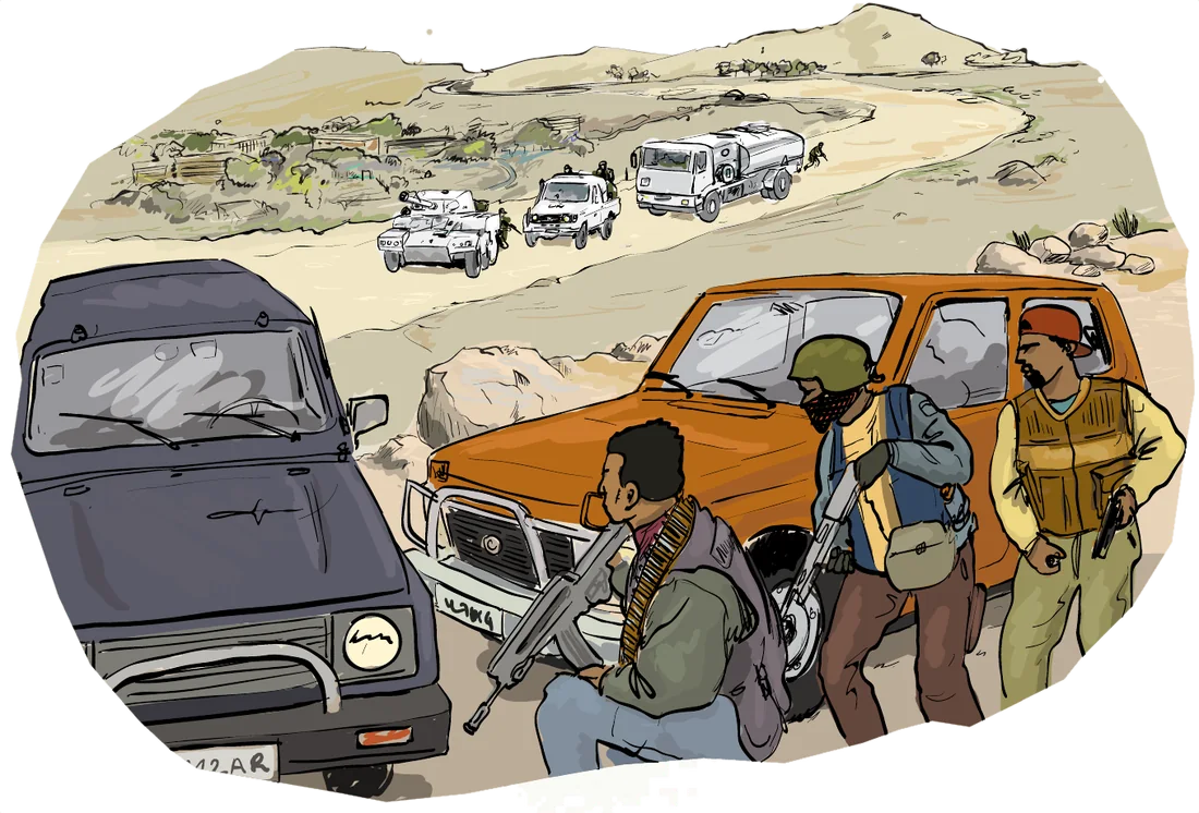 An armed patrol stops beside a dark vehicle and an orange car on a dusty road.