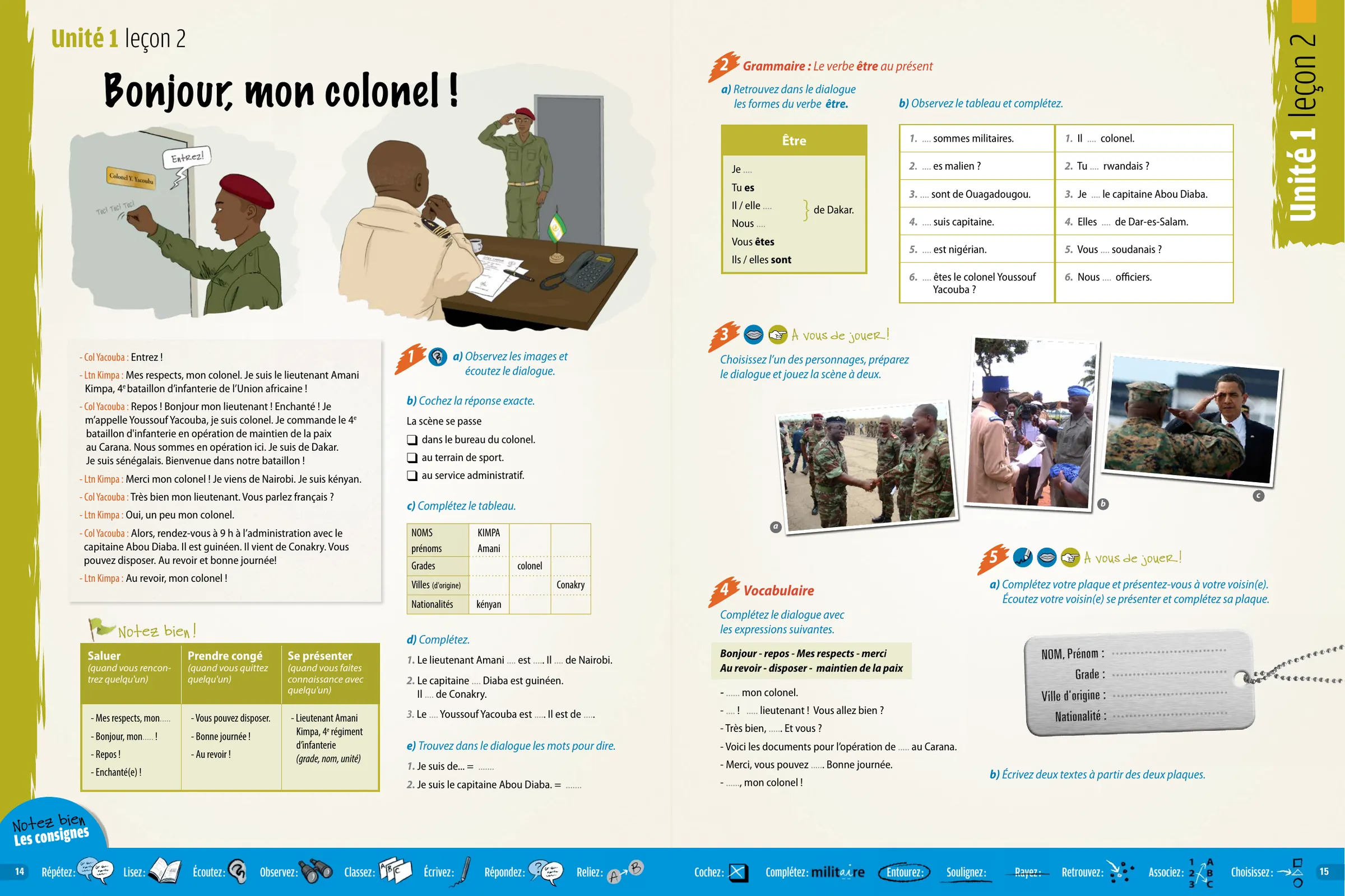 An A1 lesson spread: the title Bonjour, mon colonel ! over an illustration of a soldier reporting to an officer, a dialogue, a grammar table, exercises and a green unit tab down the edge.