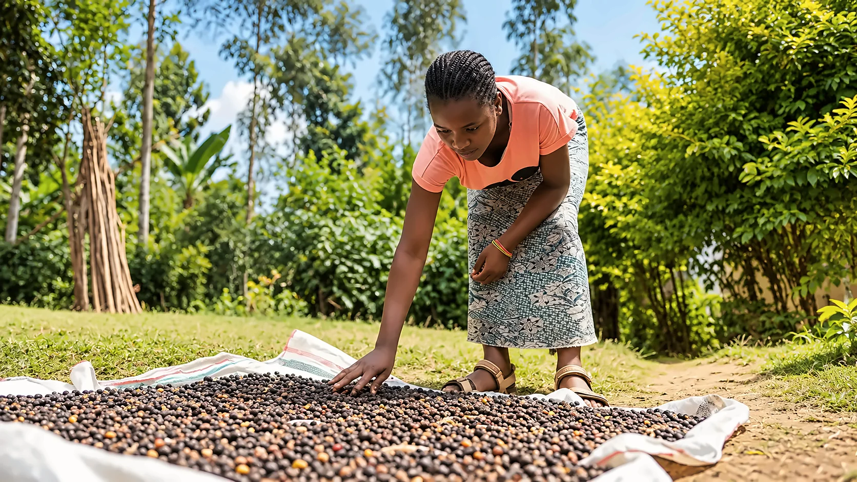 A young woman spreading coffee cherries to dry on a cloth in a garden.