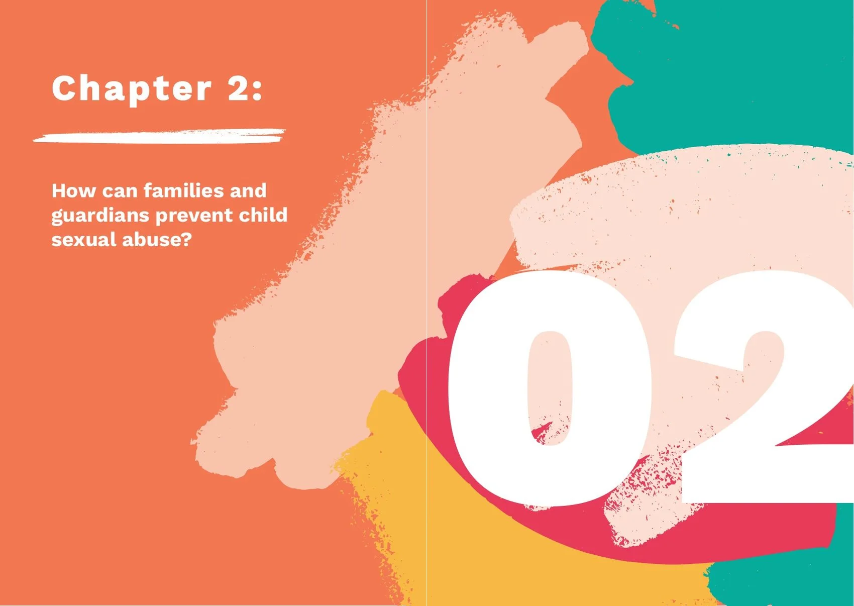 Chapter 2 divider: How can families and guardians prevent child sexual abuse, with a painted 02.