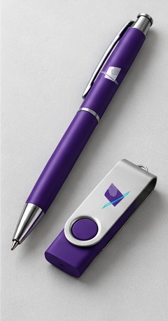 A purple pen and USB drive carrying the symbol.