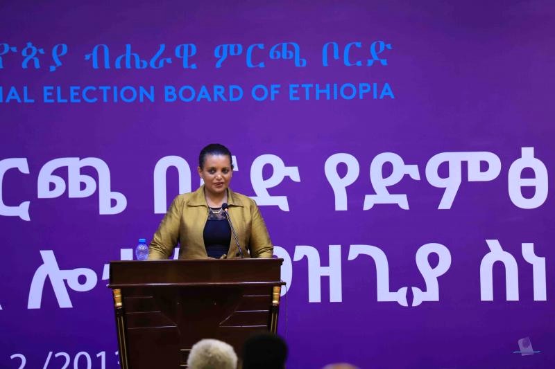 A speaker at a podium in front of a purple NEBE backdrop with the logo name and Amharic lettering.