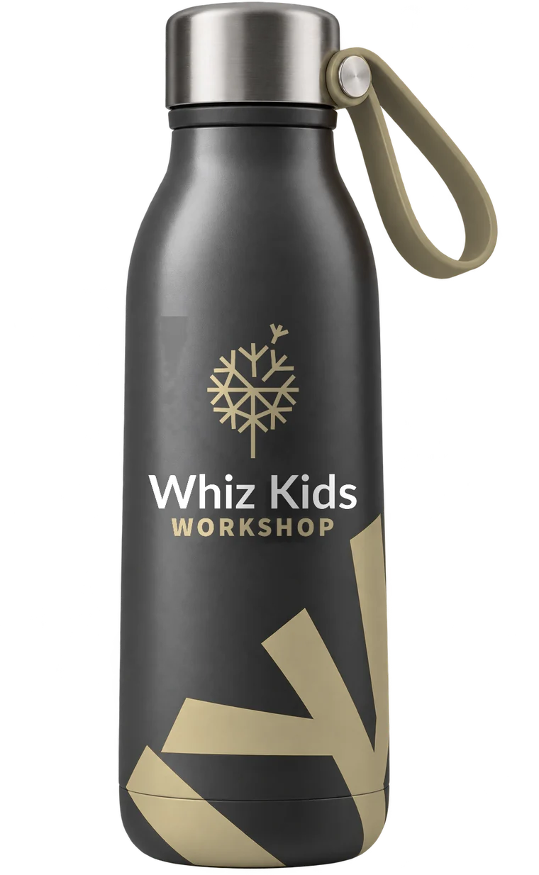 A charcoal water bottle with a steel cap and gold strap, printed with the Whiz Kids Workshop logo and gold branch shapes.