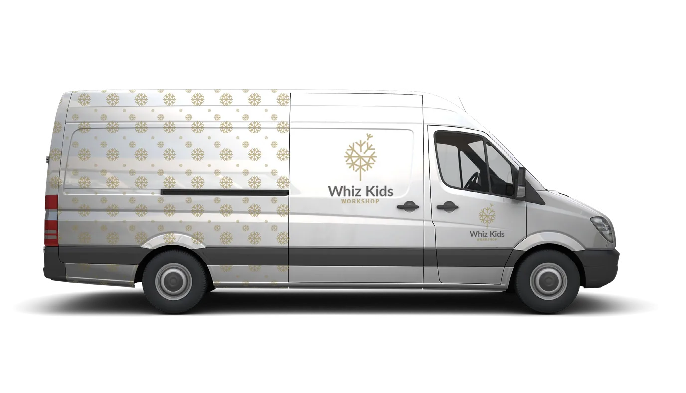 A white van wrapped in the dandelion pattern, with the Whiz Kids logo on the side door.