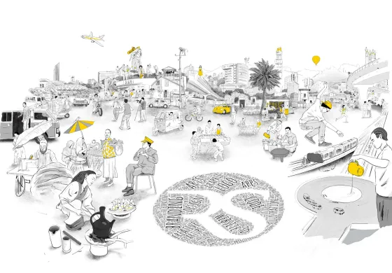 Illustrated panorama of Addis Ababa: a coffee ceremony, street vendors, a tailor, musicians, a skateboarder, the light rail and the city skyline, with the Resolution Studio mark drawn in words at the centre.