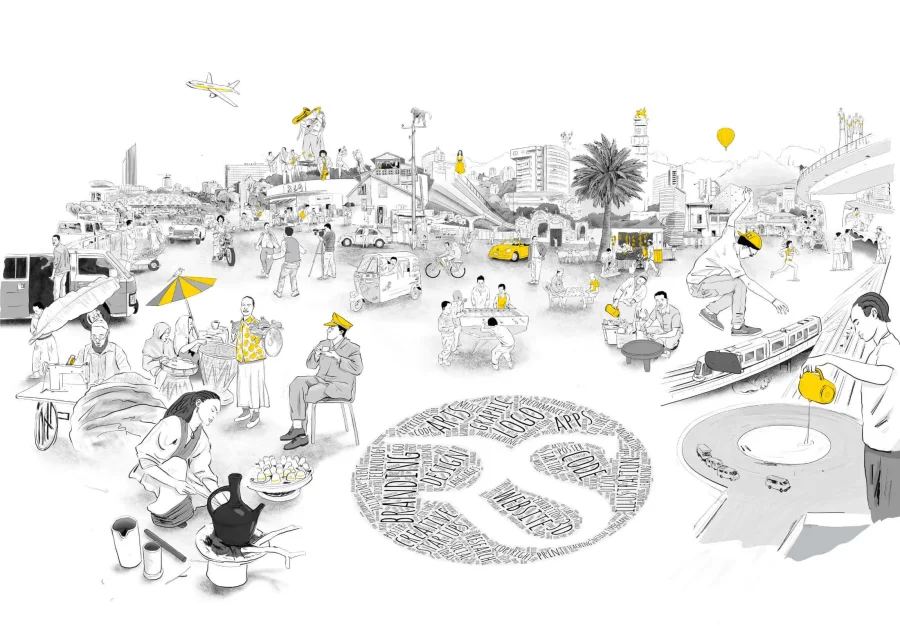 Illustrated panorama of Addis Ababa: a coffee ceremony, street vendors, a tailor, musicians, a skateboarder, the light rail and the city skyline, with the Resolution Studio mark drawn in words at the centre.