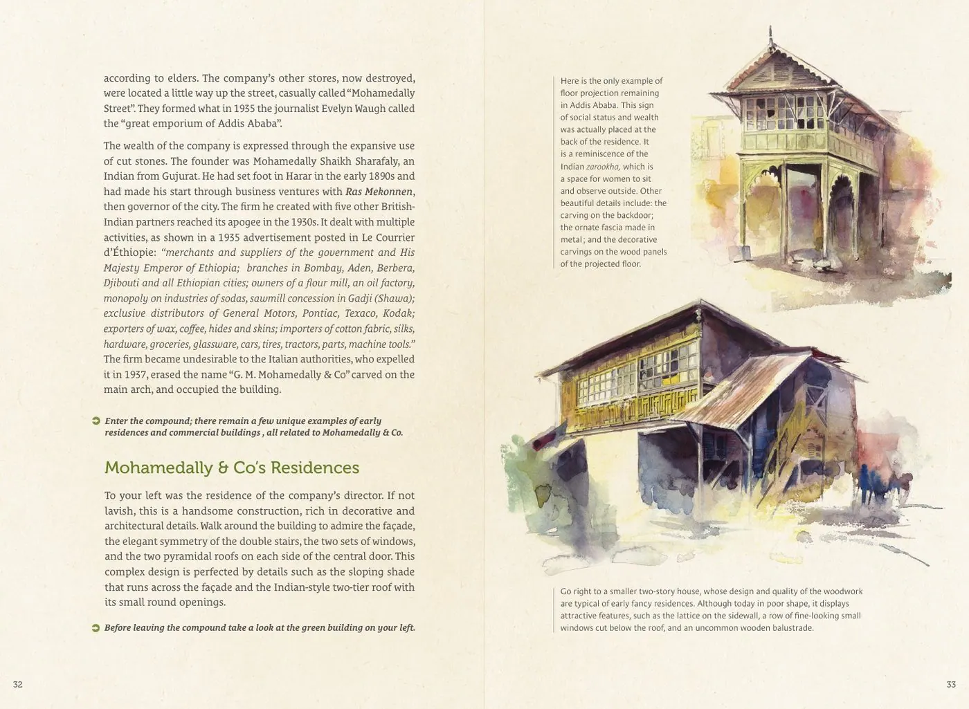 Interior spread of the Piazza guide with watercolour illustrations.